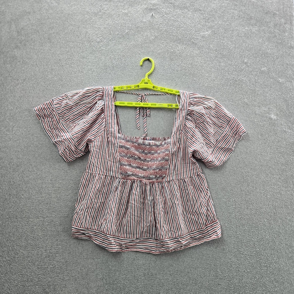 Old Navy Women Blouse L White Striped Peplum Smocked Square Neck Tie Back